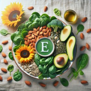 Assortment of Vitamin E-rich foods such as almonds, spinach, sunflower seeds, and avocado on a plate