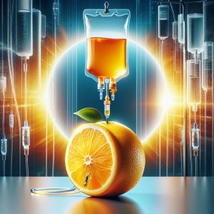 Vibrant citrus fruit being infused into a clear IV bag, symbolizing rise in popularity of vitamin C infusions and importance of this nutrient.