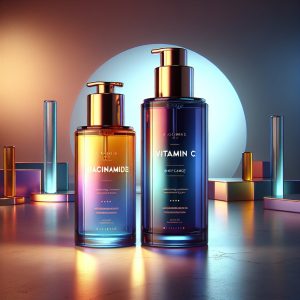 Two elegant skincare bottles with labels 'Niacinamide' and 'Vitamin C' standing side by side on a modern, clean background showcasing the significance of these skincare ingredients.