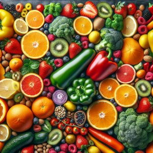 Assortment of colorful vitamin C-rich fruits and vegetables including oranges, strawberries, bell peppers, kiwi, and broccoli, promoting wellness and anxiety relief.