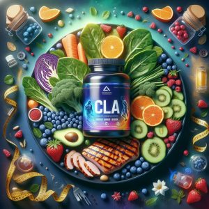 A vibrant plate of fresh healthy foods with a bottle of CLA supplement, measuring tape, and body silhouette, symbolizing balanced health and wellness.
