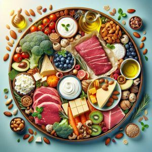 Plate of vibrant foods high in Conjugated Linoleic Acid (CLA) like grass-fed beef, dairy products, and colorful oils, promoting health and wellness.