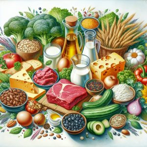 A vibrant and visually appealing composition featuring a diverse array of foods rich in conjugated linoleic acid (CLA) such as grass-fed beef, dairy products, sunflower oil, and safflower oil.
