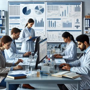 Researchers analyzing data on CLA weight loss clinical trials in a scientific laboratory setting.