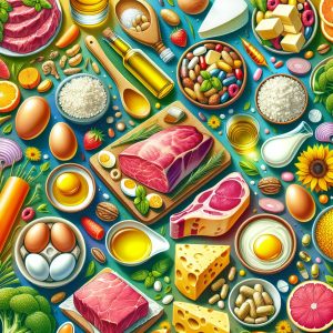 A vibrant and colorful collage of different natural sources of CLA in food and supplements including grass-fed beef, dairy products, eggs, butter, and plant-based oils, alongside images of CLA-rich oil soft gel capsules.