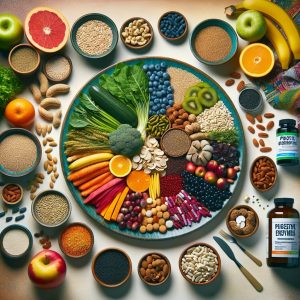Colorful plate filled with fiber-rich foods and supplements promoting digestive health and balance.