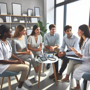 Diverse group in healthcare office discussing PCOS with attentive provider
