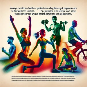 A diverse group of people engaging in running, yoga, weightlifting, and cycling activities, with vibrant auras, overlaid with text promoting consultation with healthcare professionals before using thermogenics.
