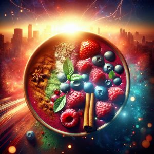 A vibrant smoothie bowl filled with fresh berries, cinnamon, and green tea, symbolizing energy and vitality, set against a glowing sunrise for a sense of awakening.