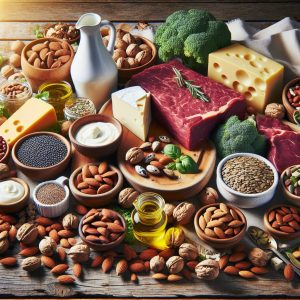 An array of foods rich in CLA and linoleic acid including grass-fed beef, dairy, nuts, seeds, and oils on a wooden table, promoting wellness.