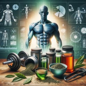 Weights, green tea leaves, protein powder, and muscle anatomy diagrams symbolizing the journey towards a healthier and stronger body through supplements and fitness dedication.