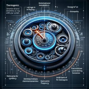 Illustration of a complex clock with gears, dosage indicators, and frequency gauges representing factors affecting duration of thermogenics in the body.
