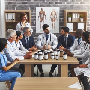 Diverse group of healthcare professionals engaged in discussion with individuals holding thermogenic bottles in a modern clinic setting.