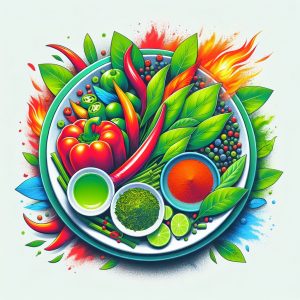 A vibrant plate filled with colorful array of thermogenic foods like spicy peppers, green tea leaves, and lean proteins, symbolizing vitality and health for weight loss.