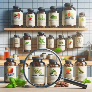 Diverse array of natural weight loss supplement bottles with labels like green tea extract and garcinia cambogia on a modern kitchen counter with a hovering magnifying glass, symbolizing caution and mindfulness.