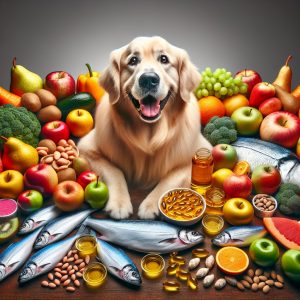 Happy and healthy dog surrounded by vibrant fish, fruits, and vegetables, symbolizing the perfect balance of nutrition in its diet.