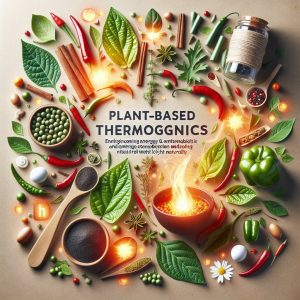 Illustration of vibrant green leaves, spicy chili peppers, herbs, and energy symbols representing natural metabolism boost and weight management.