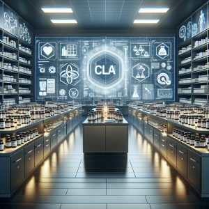 Sleek and modern laboratory setting with shelves of high-quality CLA supplements from trusted health brands, emphasizing quality control checks and testing equipment in the background.