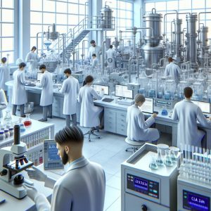 Technicians in lab coats testing and inspecting purity of CLA supplement ingredients with high-tech equipment in a professional and clean atmosphere.