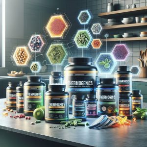 Assortment of supplements and thermogenics on a modern kitchen counter, highlighting ingredients like green tea extract, caffeine, and L-carnitine for enhanced fat-burning potential.