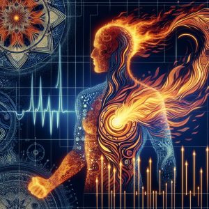 An image of a vibrant and dynamic human body with swirling, fiery patterns symbolizing thermogenics and energy expenditure.