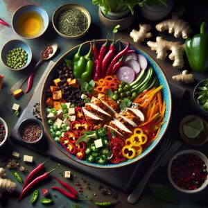 Colorful salad bowl filled with thermogenic foods like spicy peppers, ginger, green tea, and lean protein sources, arranged in a vibrant display in a modern kitchen, promoting wellness and vitality.