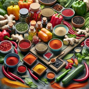 Assortment of vibrant thermogenic foods and supplements including spicy peppers, green tea leaves, and ginger root in colorful packaging, promoting vitality and wellness.