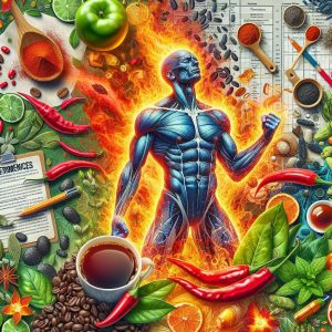 Vibrant collage of thermogenic ingredients promoting metabolism and weight loss