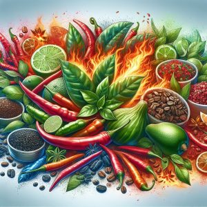 Assorted thermogenic ingredients like green tea leaves, chili peppers, and coffee beans symbolizing heat and energy.