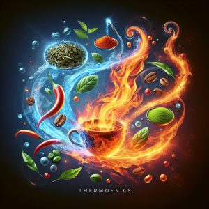 Vibrant flames dancing around green tea leaves, coffee beans, and chili peppers symbolizing thermogenic properties