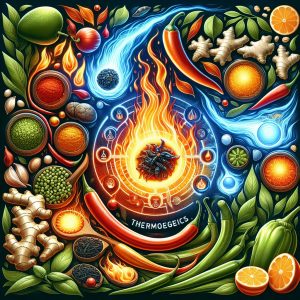 Vibrant depiction of thermogenic ingredients like chili peppers, green tea leaves, ginger, and turmeric symbolizing increased metabolic activity and fat burning.