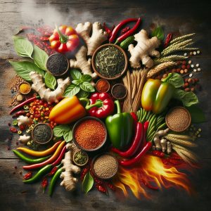 An artful arrangement of spicy peppers, green tea leaves, ginger roots, and whole grains on a rustic wooden surface, symbolizing natural thermogenic properties.