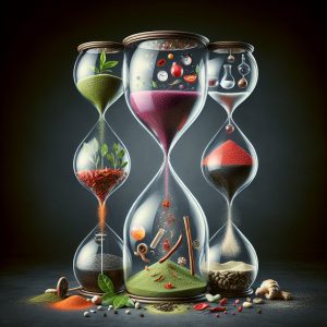 Sophisticated hourglass filled with thermogenic ingredients transforming from top bulb to bottom bulb, symbolizing metabolism and elimination.