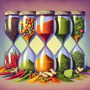Colorful hourglasses filled with natural ingredients like green tea leaves, cayenne pepper, and ginger, representing different recommended timeframes for thermogenic use.