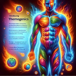Illustration of a human body with colorful flames symbolizing thermogenic activity enhancing metabolism and targeting key areas like abdomen, thighs, and arms.