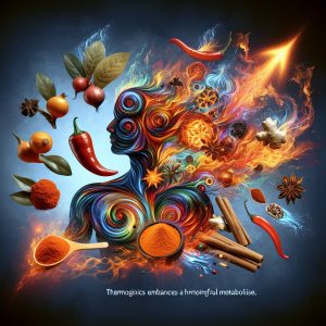 Fiery ingredients like chili peppers and abstract representations symbolizing a revved-up metabolism.