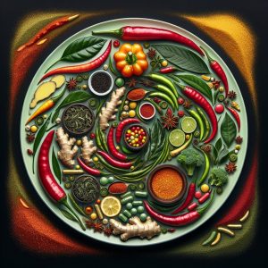 Vibrant plate with chili peppers, green tea leaves, ginger root, and caffeine capsules symbolizing factors affecting cold sensation in thermogenic supplements.