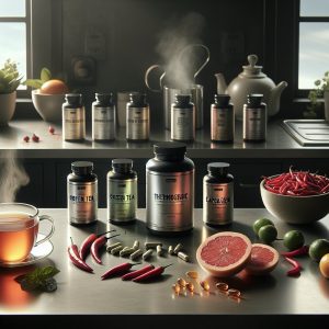 Neatly arranged thermogenic supplements on modern kitchen counter with green tea and chili peppers