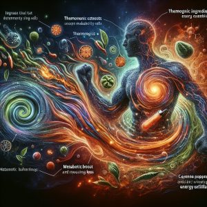 Abstract illustration depicting the vibrant and dynamic metabolic process within the human body using glowing energy swirls to represent the effectiveness of thermogenics in boosting metabolism and promoting fat loss.