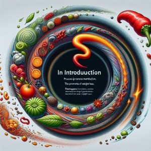 Colorful vortex of chili peppers, green tea leaves, and coffee beans symbolizing thermogenics for weight loss