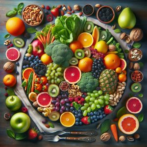 Assortment of vibrant fruits and vegetables rich in essential vitamins such as Vitamin C, D, B12, and E, symbolizing wellness and weight loss support.