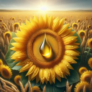 Radiant sunflower blooming in a field with Vitamin E oil drops, symbolizing vitality and health