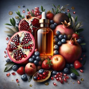 Luxurious bottle of Vitamin E oil surrounded by antioxidant-rich fruits like pomegranate, blueberries, and strawberries