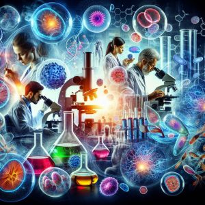 Scientific research on Vitamin E efficacy for Peyronie's Disease in a laboratory setting with beakers, microscope slides, and researchers analyzing data