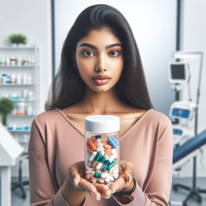 Person holding a pill bottle with various weight loss medications in a clinical setting, looking concerned.