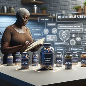 Diverse selection of weight loss supplements being used responsibly with focus on dosage instructions and safety measures