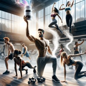 Group of fitness enthusiasts working out in a vibrant gym setting, one person holding a bottle of thermogenics supplement with steam rising, representing energy and fat-burning.