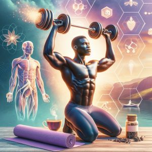 Fit and healthy man lifting weights effortlessly in a serene environment, surrounded by calming elements and a cup of herbal tea, symbolizing the transformative benefits of ashwagandha for men's health.