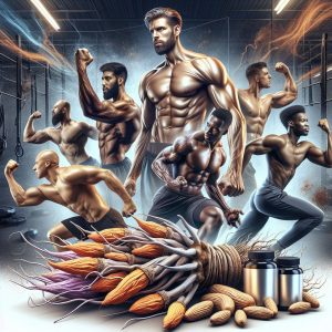 Athletic men showcasing muscle strength and determination with ashwagandha roots and supplements in the foreground