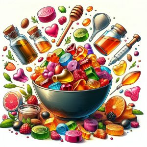 Vibrant bowl of keto gummies surrounded by collagen, MCT oil, and natural sweeteners, showcasing a healthy and enticing snack option